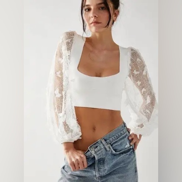 Intimately By Free People Tops - Intimately Free People White Flutter Butterfly‎ Mesh Sleeves Crop Top Small